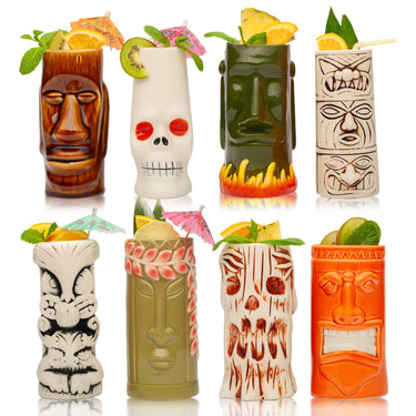 Hand-Carved and Hand-Painted Tiki Mugs - Assorted Set of 8-0